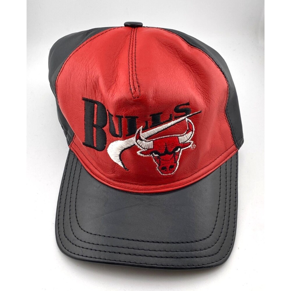 VTG Chicago Bulls Genuine Leather Hat Cap Jordan Black Red 90s Basketball NBA